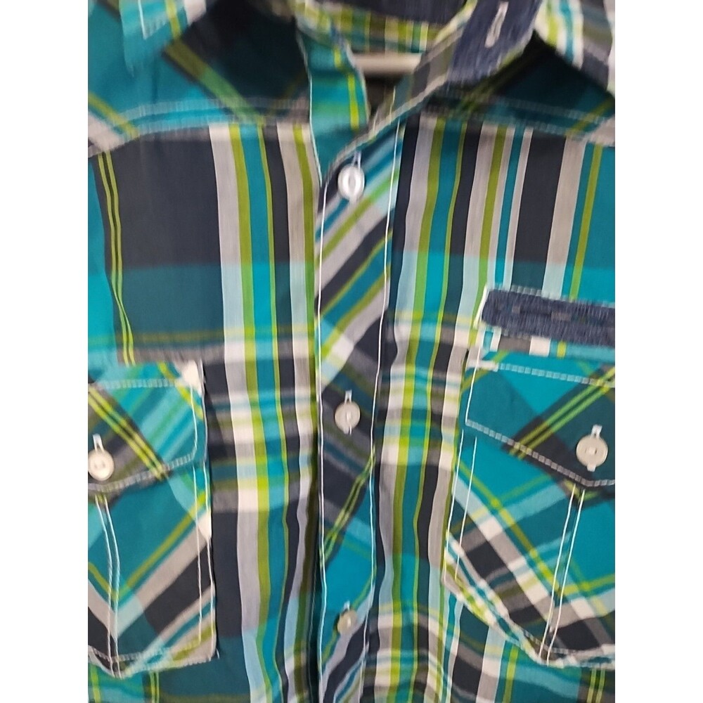 Carbon Mens Button Up Plaid Shirt Classic Fit Green Blue Size Large Long Sleeve - Picture 3 of 5